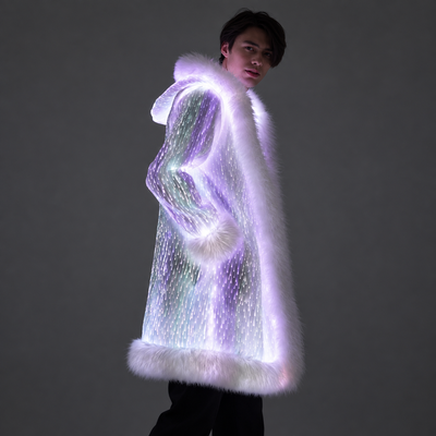 Men’s Light Up Faux Fur Hooded Long Coat