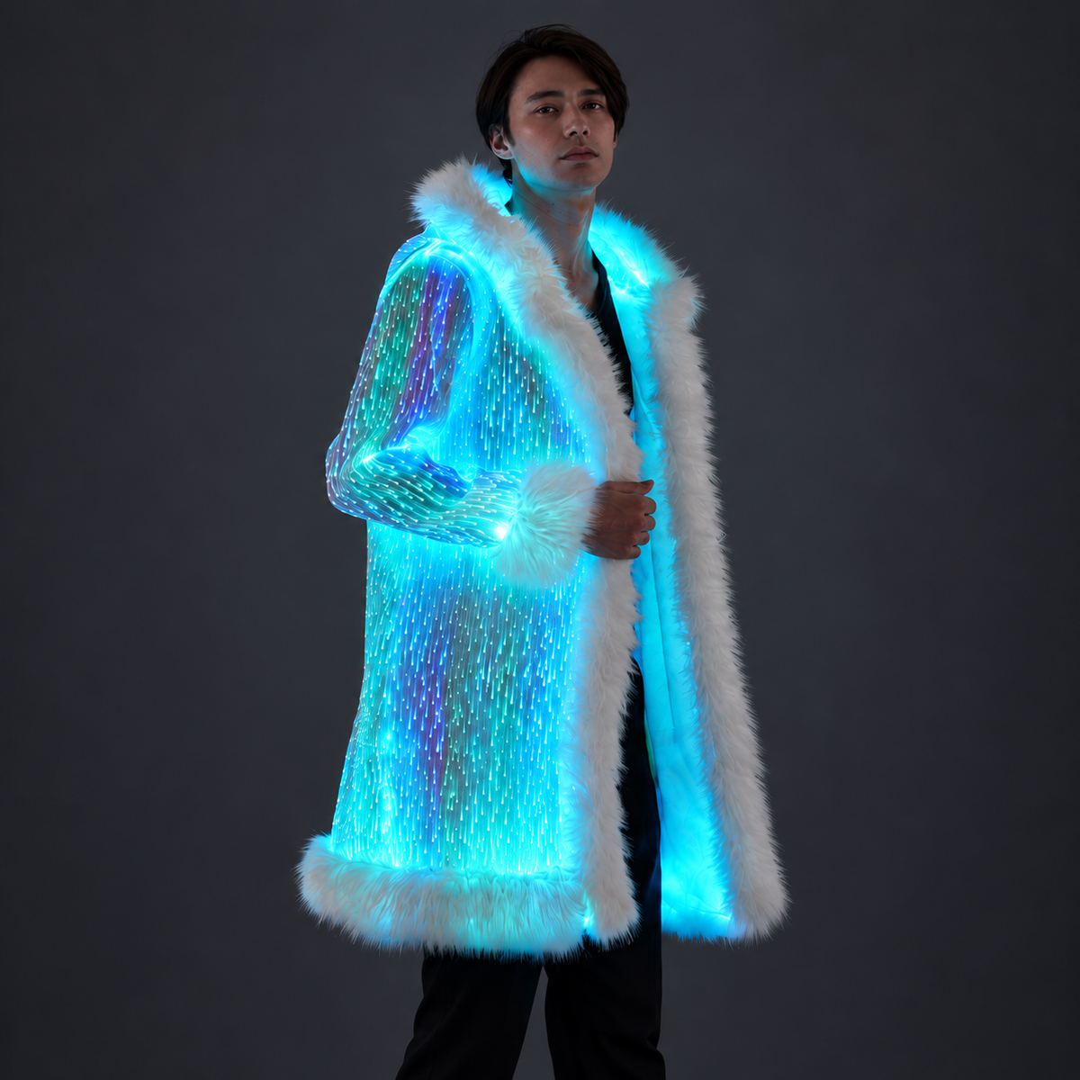 Men’s Light Up Faux Fur Hooded Long Coat