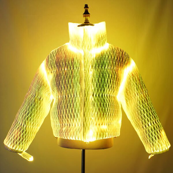 Yellow glowing shiny puffer jacket