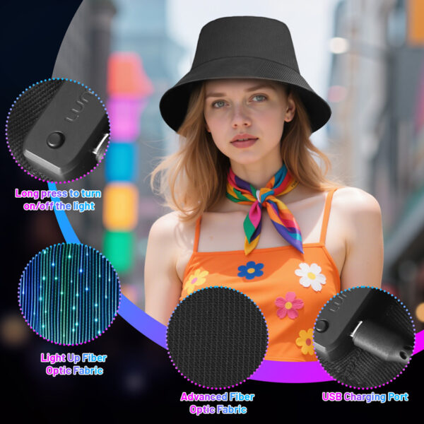 LED Rave Bucket Hat 7 Colors Light up Bucket Hat Fiber Optic Fabric Glow in the Dark Hat Party Hat - Lumisonata - 图片 6