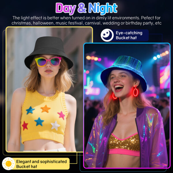 LED Rave Bucket Hat 7 Colors Light up Bucket Hat Fiber Optic Fabric Glow in the Dark Hat Party Hat - Lumisonata - 图片 5